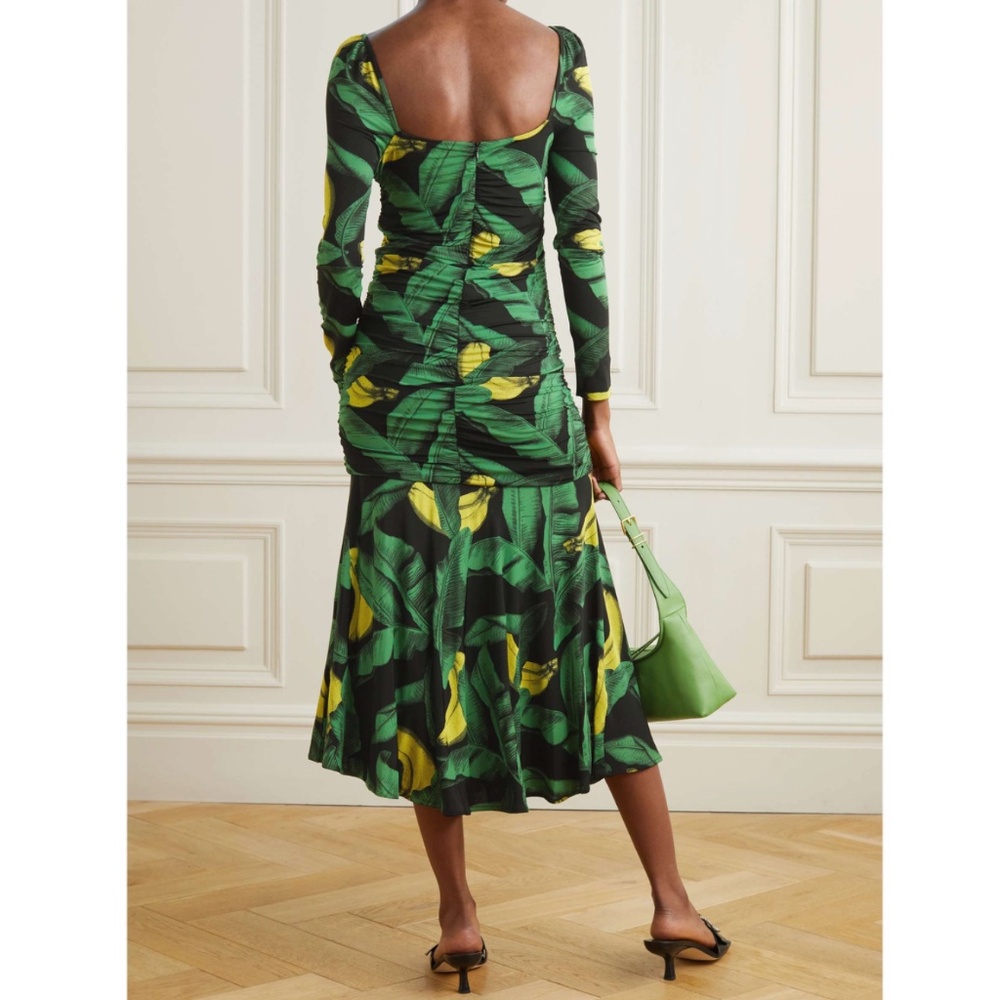 Ganni Ruched Black Banana Palm Print Midi Dress - Picture 2 of 13